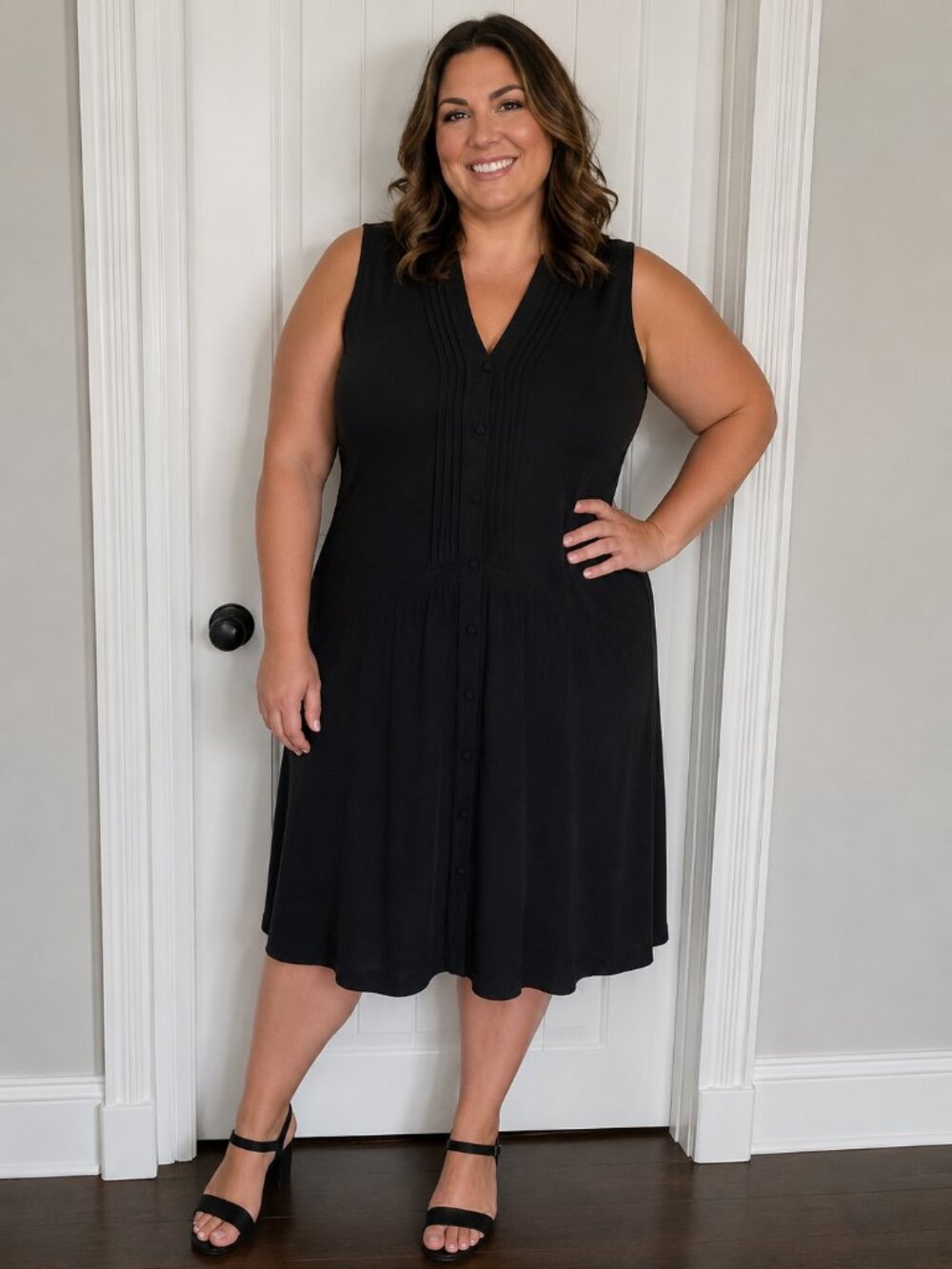 PENN. Midi Black Dress sleeveless pleating pockets V-neck X plus classic